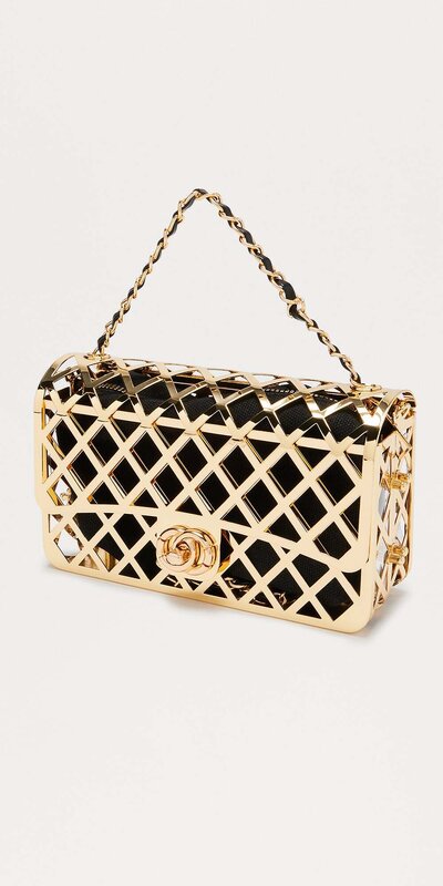 Zlatá kovová listová kabelka s retiazkovým remienkom