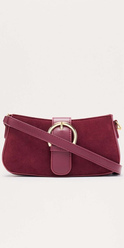 Bordová semišová ramenná kabelka s prackovým detailom