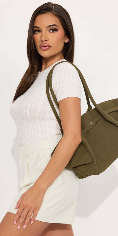 Khaki oversized ramenná kabelka zo semišu