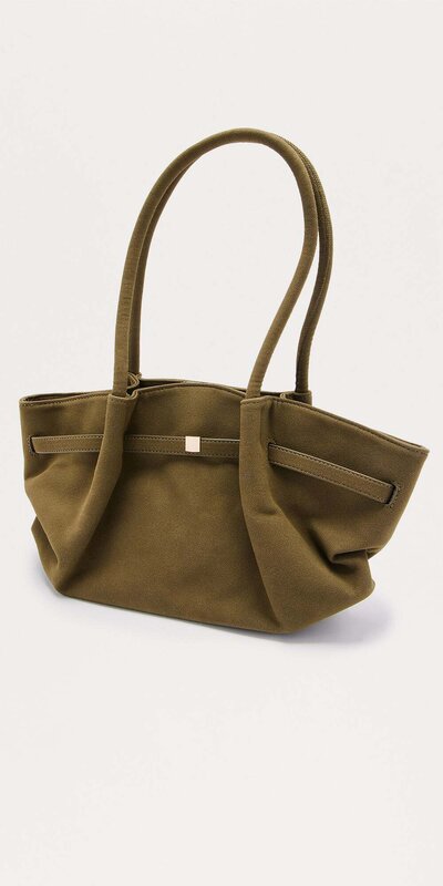 Khaki oversized ramenná kabelka zo semišu