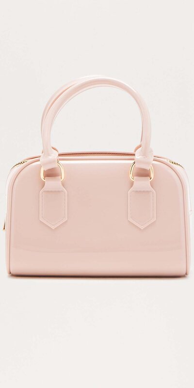 Svetloružová lakovaná satchel kabelka s lesklým efektom