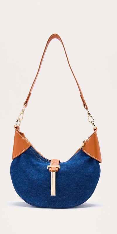 Tmavomodrá denimová ramenná kabelka s koženými detailmi