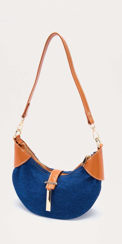 Tmavomodrá denimová ramenná kabelka s koženými detailmi
