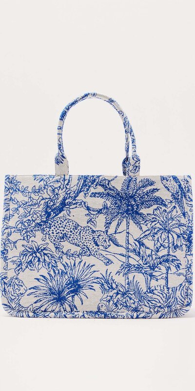 Modrá plátená tote kabelka s tropickým vzorom