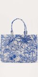 Modrá plátená tote kabelka s tropickým vzorom