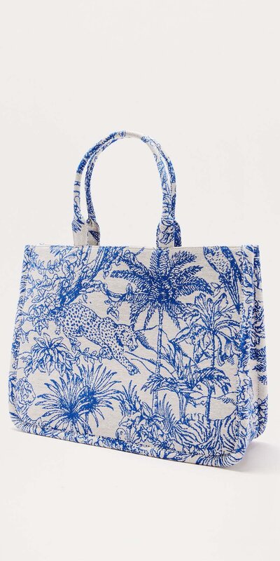 Modrá plátená tote kabelka s tropickým vzorom