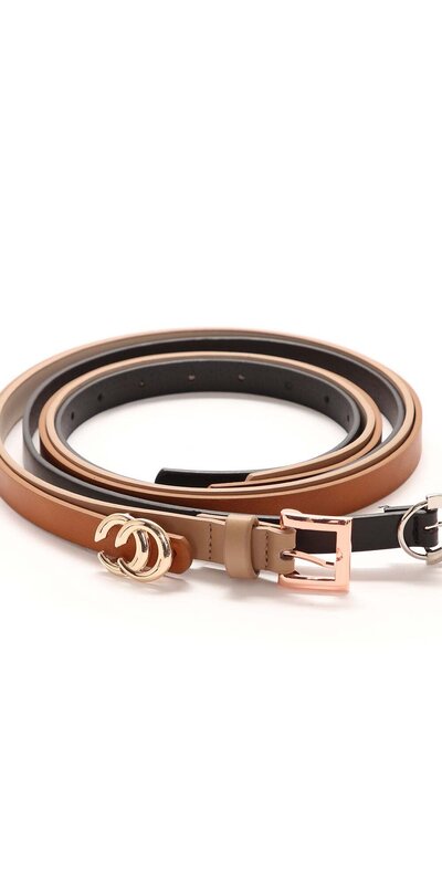 Súprava troch tenkých elegantných opaskov z eko kože so zlatými a striebornými prackami