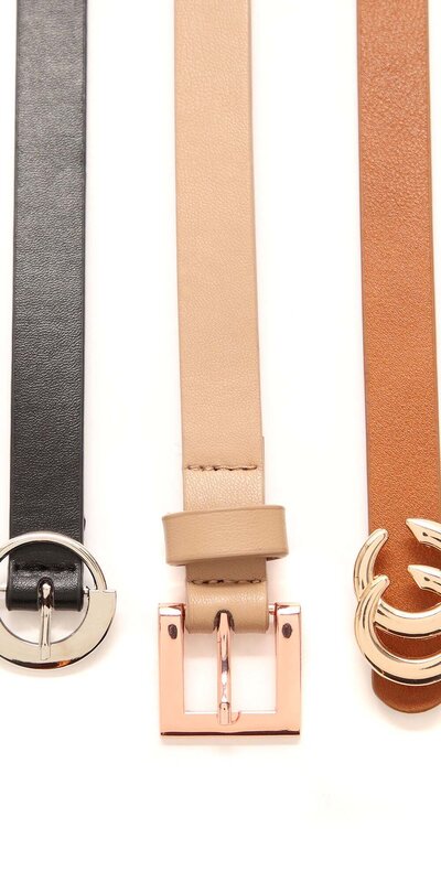 Súprava troch tenkých elegantných opaskov z eko kože so zlatými a striebornými prackami