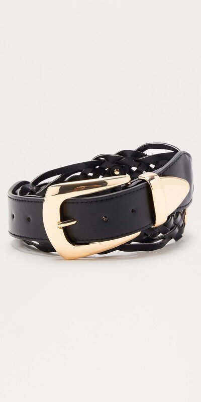 Čierny prepletaný opasok z umelej kože s kovovou prackou