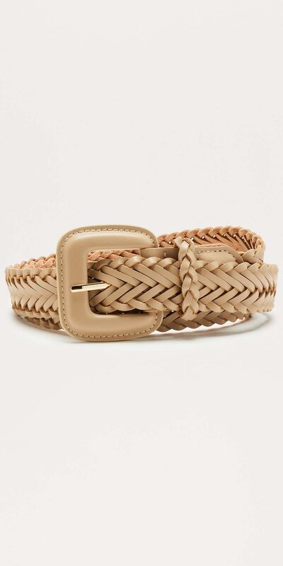 Béžový prepletaný opasok z umelej kože s veľkou prackou