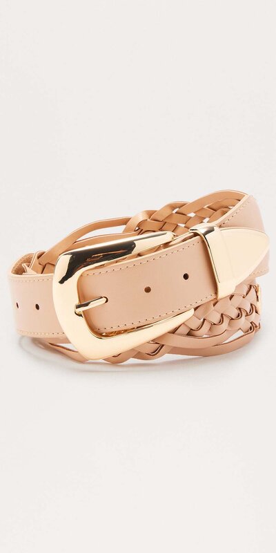 Béžový prepletaný opasok z umelej kože s kovovou prackou