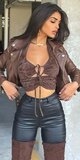 Hnedá biker bunda z umelej kože so zlatými detailmi Hnedá