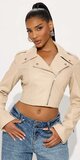 Krátka motorkárska bunda z umelej kože v béžovej farbe Béžová