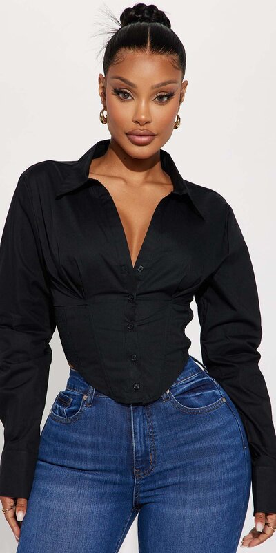 Čierna popelínová košeľa s korzetovým efektom