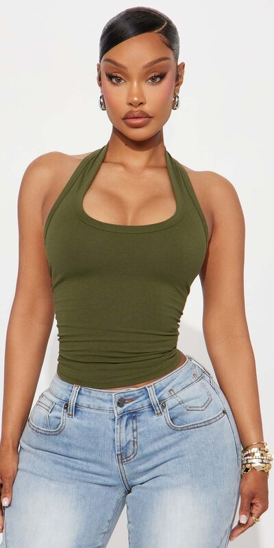 Khaki halter top s odhaleným chrbtom