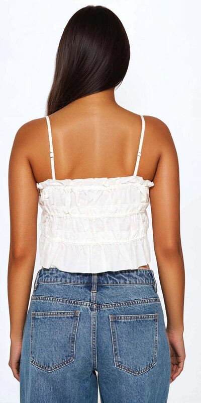 Biely krátky popelínový top s viazaním na tenké ramienka