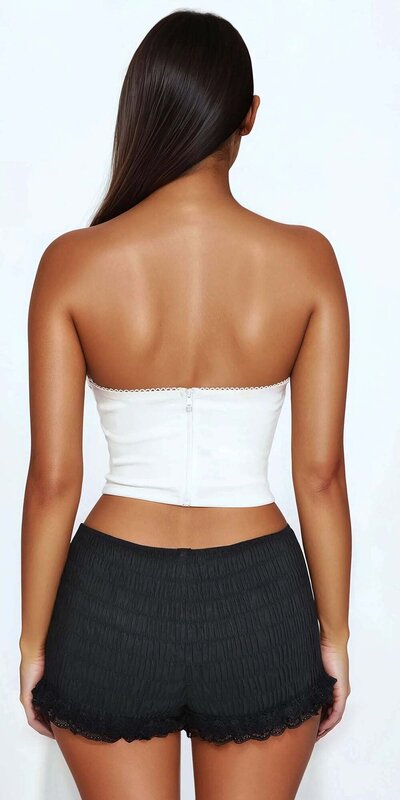 Biely korzetový top bez ramienok s čipkou a mašľou