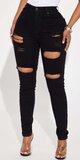 Roztrhané skinny rifle s vysokým pásom v čiernej farbe