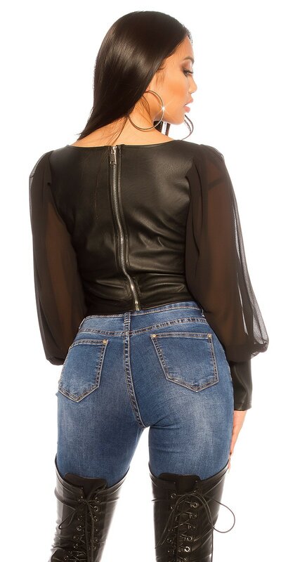 Kožený top s voľnými rukávmi Čierna