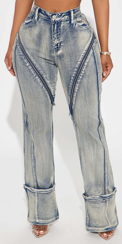 Dámske rovné rifle s vysokým pásom a zipsom na stehnách vo vintage štýle