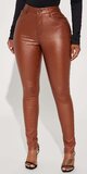 Hnedé dámske koženkové skinny nohavice s vysokým pásom