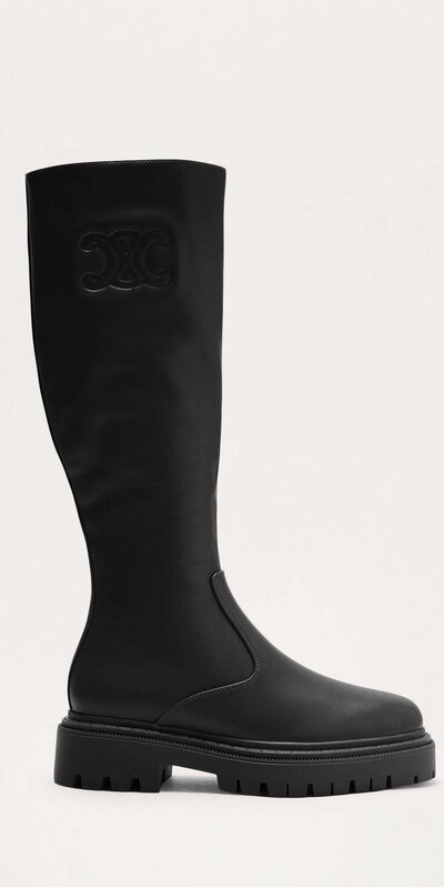 Čierne kožené kozačky po kolená s okrúhlou špičkou