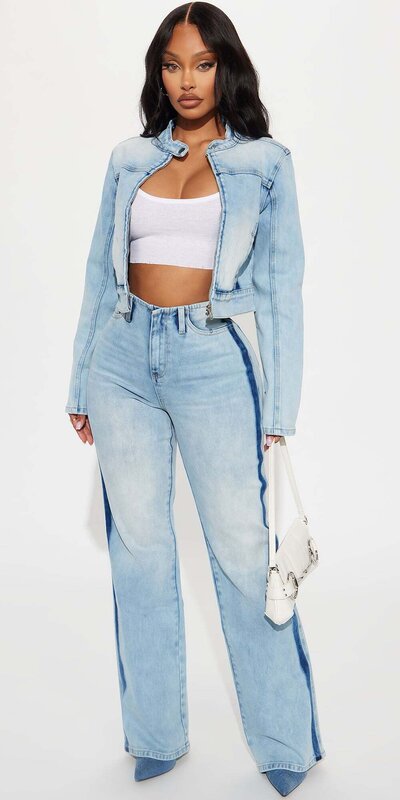 Svetlomodrá rifľová biker bunda so zipsami