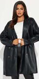 Čierny dlhý kabát z umelej kože s opaskom