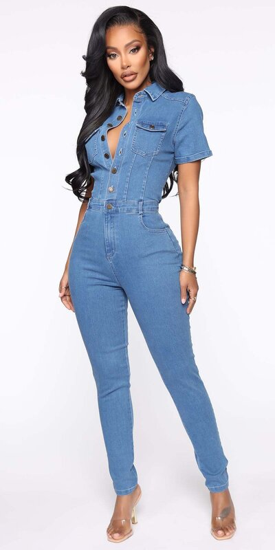 Rifľový overal s krátkym rukávom v modrej farbe