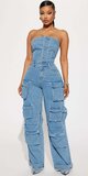 Modrý rifľový overal bez ramienok so širokými nohavicami
