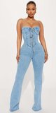 Svetlomodrý rifľový overal bez ramienok s korzetovým detailom