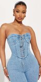 Svetlomodrý rifľový overal bez ramienok s korzetovým detailom
