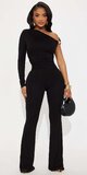 Čierny overal na jedno rameno s riasením a rozšírenými nohavicami
