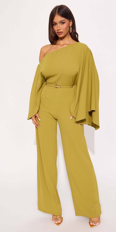 Horčicový overal s dlhými rukávmi a opaskom