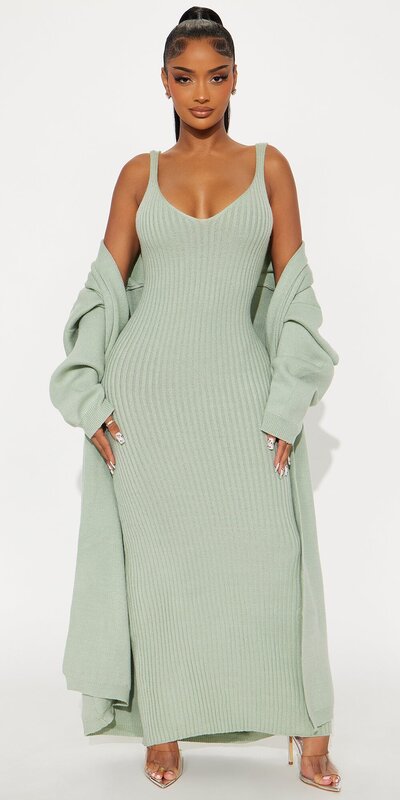 Svetlozelená pletená maxi súprava s kardigánom