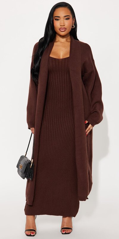 Hnedá pletená maxi súprava s kardigánom