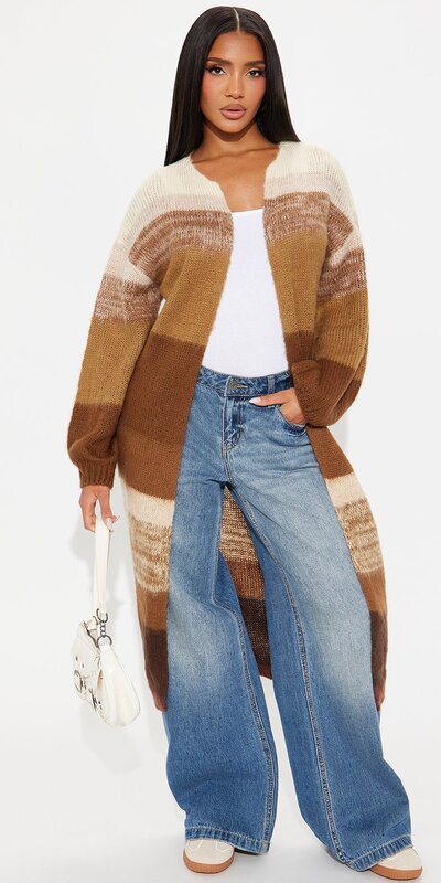 Hnedý dlhý cardigan Lennon s farebnými blokmi