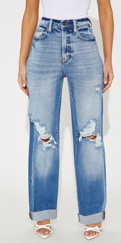 Modré rovné džínsy s vysokým pásom a trhancami