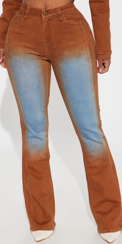 Hnedé rozšírené moto džínsy s vysokým pásom