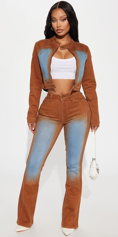 Hnedé rozšírené moto džínsy s vysokým pásom