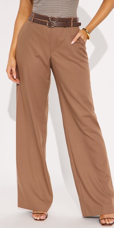 Elegantné hnedé nohavice s opaskom a širokými nohavicami