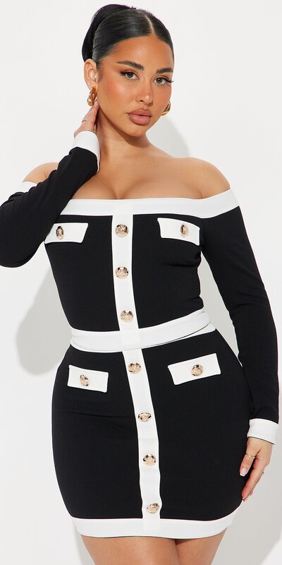 Čierno-biela súprava s odhalenými ramenami a priliehavou sukňou