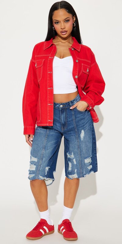 Červená oversize rifľová bunda s kontrastným prešívaním