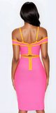 Ružovo-oranžové bandážové midi šaty s odhalenými ramenami
