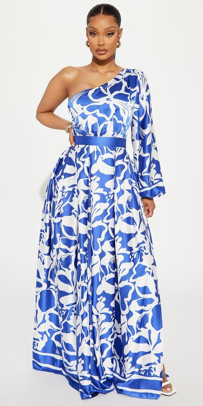 Modré saténové maxi šaty na jedno rameno s plisovanou sukňou