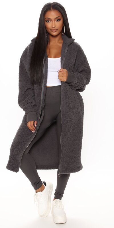 Tmavosivá sherpa bunda so zipsom a vreckami