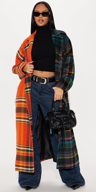 Dlhý károvaný trenčkot v viacfarebnom prevedení