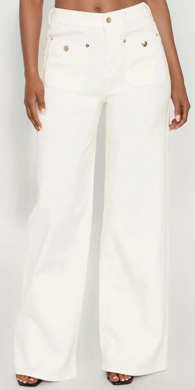 Krémové široké džínsy s vysokým pásom a vreckami