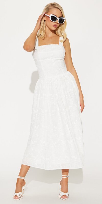 Biele midi šaty z bavlneného plátna s čipkovanými detailmi
