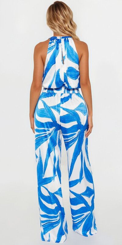 Saténový overal s viazaním v páse v modrom vzorovanom prevedení